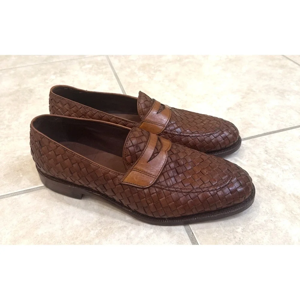 Allen‎ Edmonds Leather Woven Penny Loafers Brown Shoes 9D Career Basket Weave